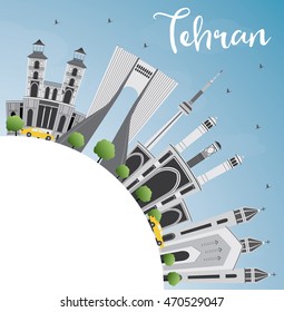 Tehran Skyline with Gray Landmarks, Blue Sky and Copy Space. Vector Illustration. Business Travel and Tourism Concept with Historic Buildings. Image for Presentation Banner Placard and Web Site.