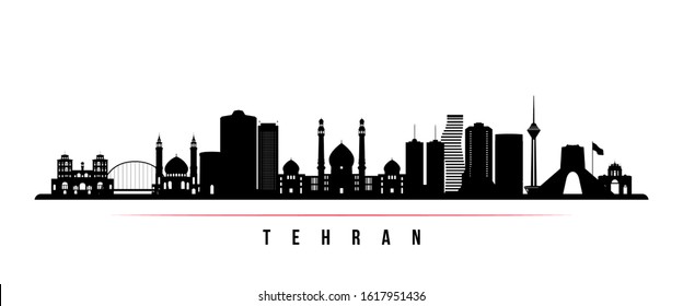 Tehran skyline horizontal banner. Black and white silhouette of Tehran, Iran. Vector template for your design. 