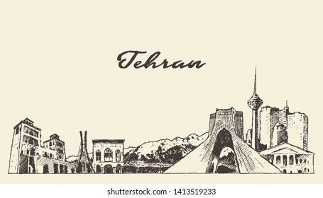 Tehran skyline, Iran, hand drawn vector illustration, sketch