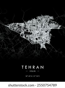 Teheran Vektor Print Karte in dunklem Thema. Detaillierte Karte von Teheran in Iran. Beste kostenlose Vektorgrafik. Touristische dekorative minimalistische Straßenkarte.