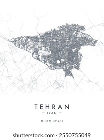 Teheraner Vektorgrafik. Detaillierte Karte von Teheran in Iran. Beste kostenlose Vektorgrafik. Touristische dekorative minimalistische Straßenkarte.