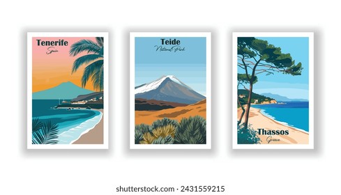 Teide, National Park. Tenerife, Spain. Thassos, Greece - Set of 3 Vintage Travel Posters. Vector illustration. High Quality Prints