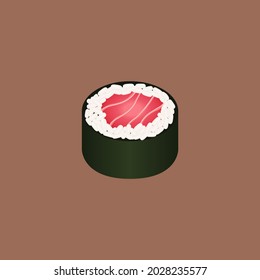 Tekka maki illustration vector, stock vector illustration of a sushi hosomaki, tekka maki, sushi roll, kelp, tuna and rice on brown background, sushi roll, kelp, tuna and rice on brown 