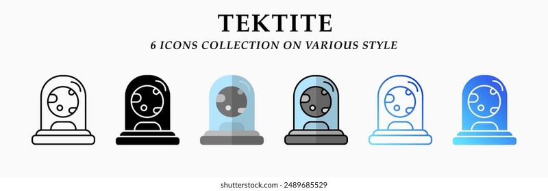 Tektite icons collection. 6 Various styles. Lineal, solid Black, flat, lineal color and gradient. For sign, symbol, presentation, infographic or web graphics. Vector Illustration.