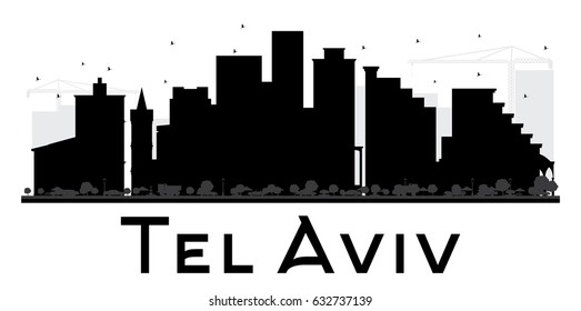 La silueta blanca y negra de la ciudad de Tel Aviv. Ilustración vectorial. Simple concepto plano para presentación turística, banner, cartel o sitio web. Paisaje urbano con puntos de referencia.