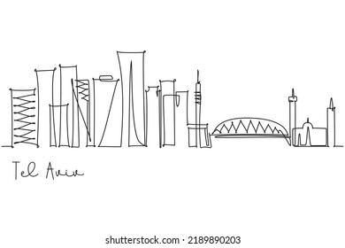 Tel Aviv city skyline simple single continuous line drawing. Travel destination and tourism holiday trip design concept.