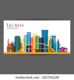 Dibujo vectorial de arquitectura colorida de Tel Aviv, silueta de ciudad de horizonte, rascacielos, diseño plano.