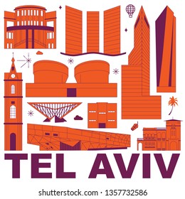 Tel Aviv culture travel set, famous architectures and specialties in flat design. Business travel and tourism concept clipart. Image for presentation, banner, website, advert, flyer, roadmap, icons