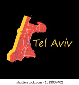 Tel Aviv flat Map, Artprint. Landmass, Water and Roads.