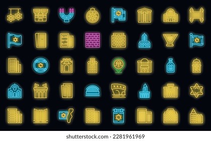 Tel Aviv icons set outline vector. Israel skyline. City tower neon color on black isolated