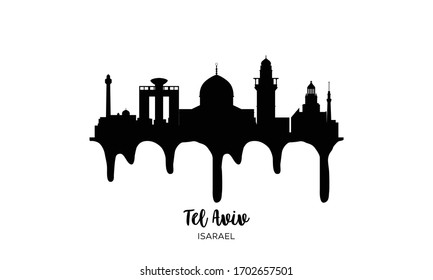 Tel Aviv Israel black skyline silhouette vector illustration on white background with dripping ink effect.
