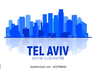 La silueta de la ciudad de Tel Aviv Israel se alza sobre el fondo blanco. Ilustración vectorial. Concepto de viajes de negocios y turismo con edificios modernos. Imagen para presentación, banner, sitio web.