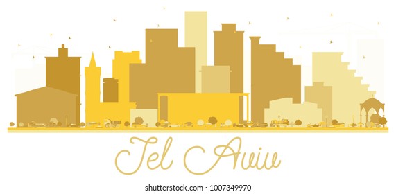 La silueta dorada en el horizonte de la ciudad de Tel Aviv Israel. Ilustración vectorial. Concepto sencillo y plano para presentación turística, banner, cartel o sitio web. Paisaje urbano de Tel Aviv con puntos de referencia.