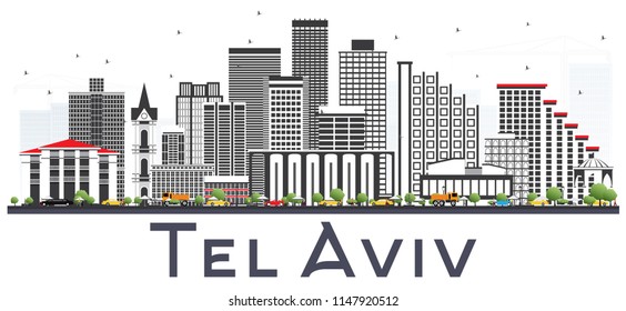 Tel Aviv Israel City Skyline with Gray Buildings Isolated on White. Vector Illustration. Business Travel and Tourism Concept with Modern Architecture. Tel Aviv Cityscape with Landmarks.