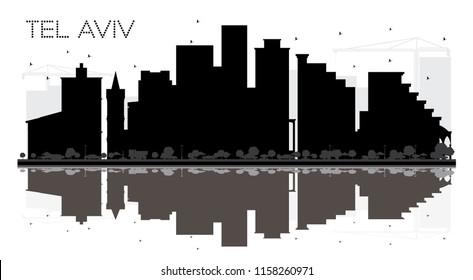 Tel Aviv Israel City skyline black and white silhouette with Reflections. Vector illustration. Simple flat concept for tourism presentation, banner, placard or web. Tel Aviv Cityscape with landmarks.