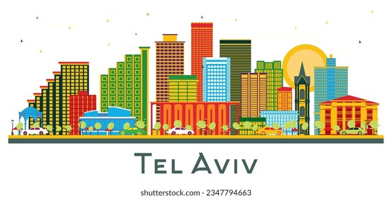 Tel Aviv Israel City Skyline with Color Buildings isolated on white. Vector Illustration. Business Travel and Tourism Concept with Modern Architecture. Tel Aviv Cityscape with Landmarks.