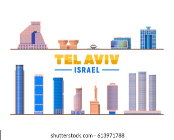 Tel Aviv ( Israel ) es un punto de referencia en el fondo blanco. Ilustración vectorial. Concepto de viajes de negocios y turismo con edificios modernos. Imagen para presentación, banner, sitio web.