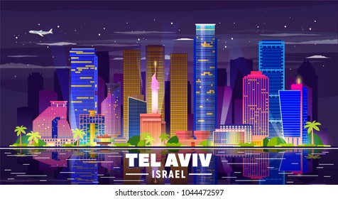 Esquina nocturna de Tel Aviv Israel con panorama en el fondo del cielo. Ilustración vectorial. Concepto de viajes de negocios y turismo con edificios modernos. Imagen para presentación, banner, sitio web.