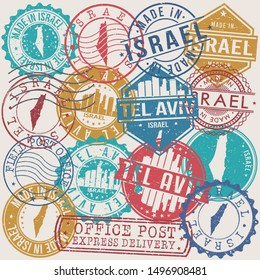 Tel Aviv Israel Set of Stamps. Travel Stamp. Made In Product. Design Seals Old Style Insignia.