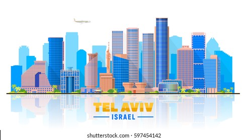 Línea panorámica de Tel Aviv Israel con fondo blanco. Ilustración vectorial. Concepto de viajes de negocios y turismo con edificios modernos. Imagen para presentación, banner, sitio web.