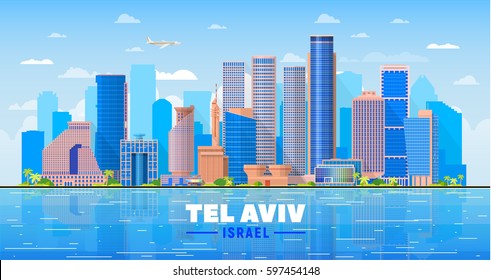 Esquina de Tel Aviv Israel con panorama en fondo azul cielo. Ilustración vectorial. Concepto de viajes de negocios y turismo con edificios modernos. Imagen para presentación, banner, sitio web.