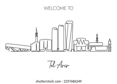 Tel Aviv Israel skyline single continuous line drawing. Travel destination and tourism holiday trip design concept.