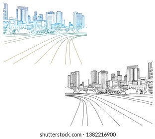 Tel Aviv, Israel. Urban landscapes. Colorful and black and white ink line sketches on white background. Vector illustration.