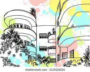 Tel Aviv, Israel. Ciudad Blanca, al estilo Bauhaus. Ilustración vectorial colorida en estilo dibujado a mano. Esbozo de paisaje urbano. Pintura de línea. Dibujo de tinta sobre fondo salpicado. Sin gente.