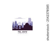 Tel Aviv logo with skyline, cityscape retro vector icon. Israel city horizon, facade, travel logotype