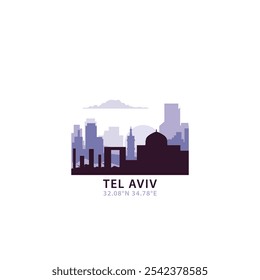 Logotipo de Tel Aviv com skyline, ícone do vetor retro da paisagem urbana. Horizonte da cidade de Israel, fachada, viagem logotipo