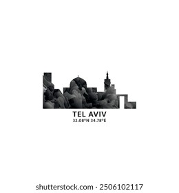 Tel Aviv panorama, vector badge, skyline logo and icon. Israel city horizon logotype with landmarks and building silhouettes. Isolated foggy abstract gradient graphic