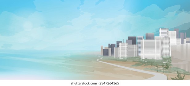 Tel Aviv panorama vector banner. Israel city illustration. Coastline and buildings. 