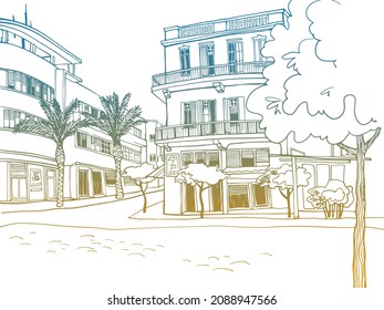 Tel Aviv, romántico paisaje urbano, bauhaus style. Vieja calle en Tel Aviv, Israel. Esbozo colorido de la línea de tinta. Dibujo manual. Ilustración vectorial sobre fondo blanco.