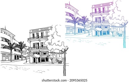 Tel Aviv, romántico paisaje urbano, bauhaus style. Vieja calle en Tel Aviv, Israel. Esbozo colorido y blanco y negro de la línea de tinta. Dibujo manual. Ilustración vectorial sobre fondo blanco.