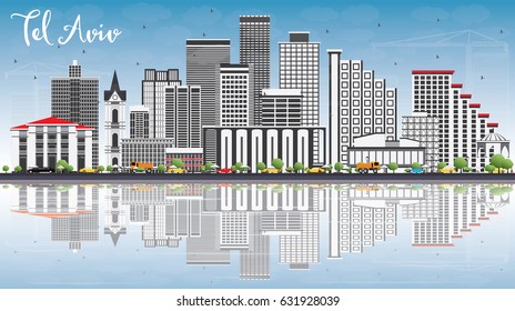 Tel Aviv Skyline with Gray Buildings, Blue Sky and Reflections. Vector Illustration. Business Travel and Tourism Concept with Modern Architecture. Image for Presentation Banner Placard and Web Site.