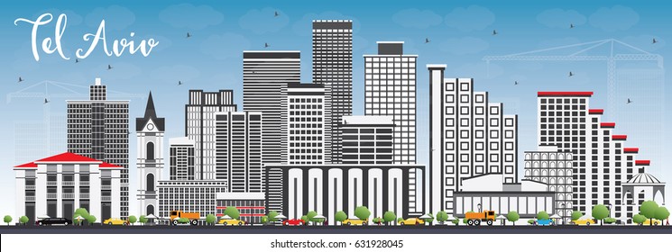 Línea aérea de Tel Aviv con edificios grises y cielo azul. Ilustración vectorial. Concepto de viajes de negocios y turismo con arquitectura moderna. Imagen para Presentación Placard Banner y Sitio Web.