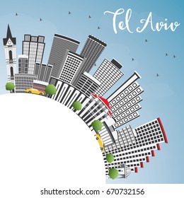 Tel Aviv Skyline with Gray Buildings, Blue Sky and Copy Space. Vector Illustration. Business Travel and Tourism Concept with Modern Architecture. Image for Presentation Banner Placard and Web Site.