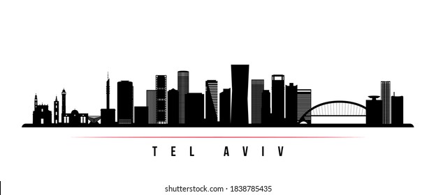 Tel Aviv skyline horizontal banner. Black and white silhouette of Tel Aviv City, Israel. Vector template for your design. 