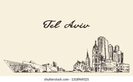 Tel Aviv skyline, Israel, hand drawn vector illustration, sketch