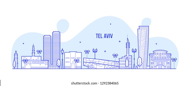 Línea aérea de Tel Aviv, Israel. Esta ilustración representa la ciudad con sus edificios más notables. El vector es totalmente editable, cada objeto es holístico y móvil