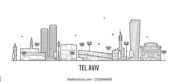 Línea aérea de Tel Aviv, Israel. Esta ilustración representa la ciudad con sus edificios más notables. El vector es totalmente editable, cada objeto es holístico y móvil