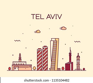 Línea aérea de Tel Aviv, Israel. Ilustración vectorial de moda, estilo lineal