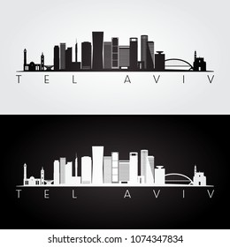 Silueta de líneas y puntos de referencia de Tel Aviv, diseño en blanco y negro, ilustración vectorial.