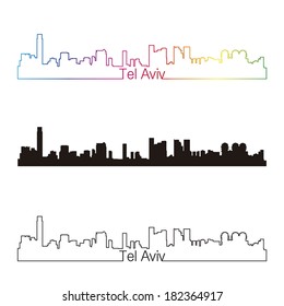 Estilo lineal de línea de horizonte de Tel Aviv con arco iris en un archivo vectorial editable