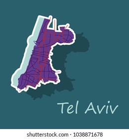 Tel Aviv Sticker Map, Artprint. Landmass, Water and Roads.