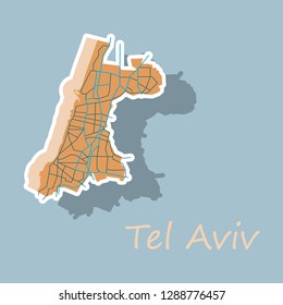 Tel Aviv Sticker Map, Artprint. Landmass, Water and Roads.