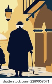 Tel Aviv street with a silhouette of an orthodox jew in traditional clothes. Abstract vector image.