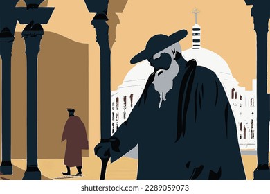 Tel Aviv street with a silhouette of an orthodox jew in traditional clothes. Abstract vector image.