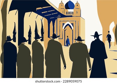 Tel Aviv street with a silhouette of an orthodox jew in traditional clothes. Abstract vector image.
