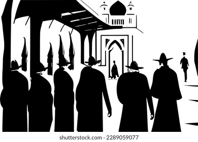 Tel Aviv street with a silhouette of an orthodox jew in traditional clothes. Abstract vector image.